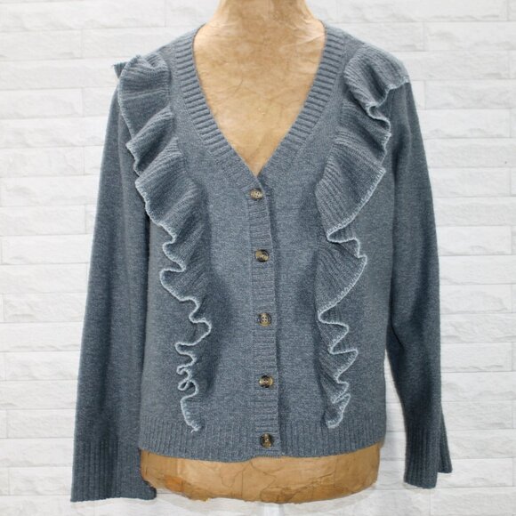 LC LAUREN CONRAD Cardigan Ruffled Front Feminine Sweater Slate Gray Grey X-Large - Picture 1 of 12